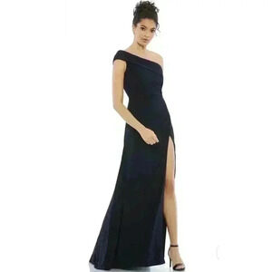 Mac Duggal Foldover Off the Shoulder Slit Gown 2 Maxi Dress Navy Trumpet Ruched